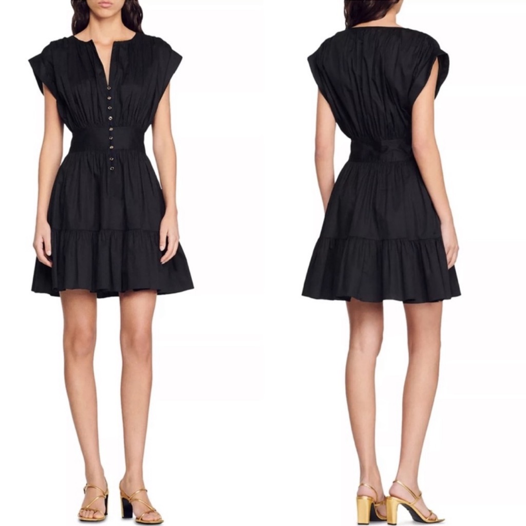 Sandro Amethyste Cotton Ruched Mini Dress, Black Size 40 8 Medium